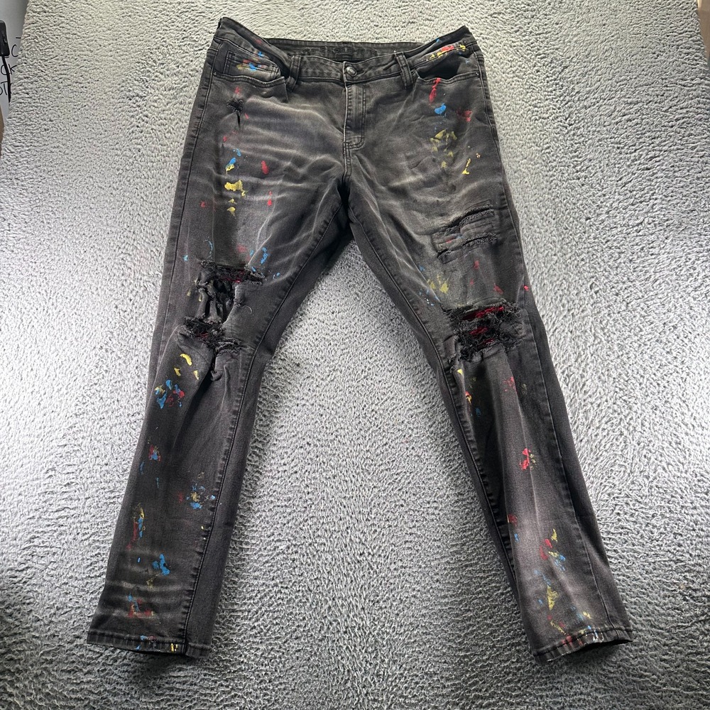 Rue 21 Supreme Flex Premium Jeans Mens 38x32 Black Denim Tapered Paint‎ Splatter